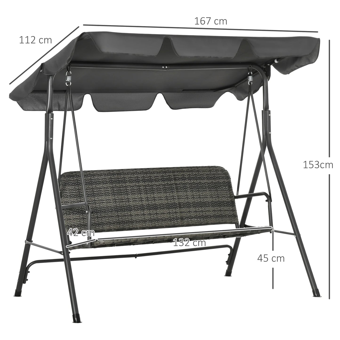 Outsunny 3-Seater Outdoor PE Rattan Swing Chair, Patio Wicker Hanging Swing Bench with Steel Frame Stand & Adjustable Canopy
