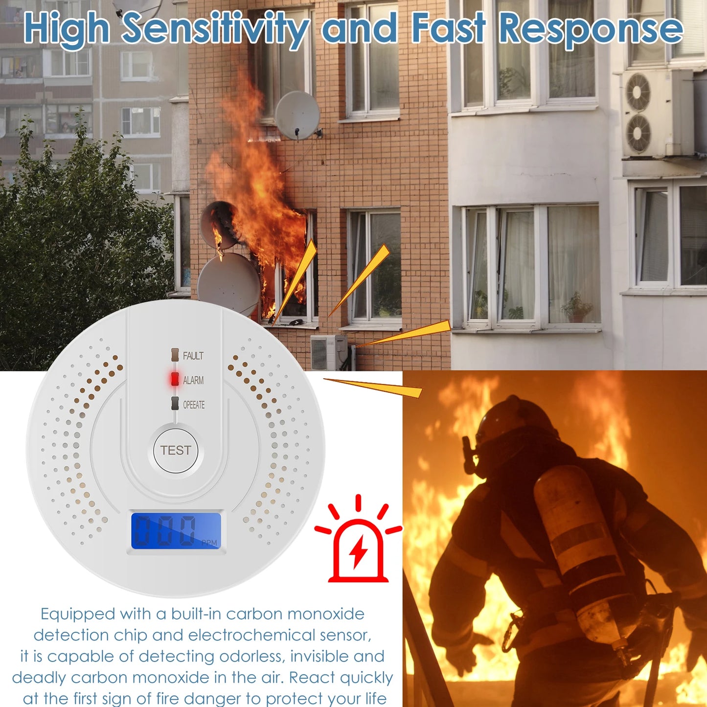 Independent CO Alarm Sensor Carbon Monoxide Alarm Detector High Sensitive Warning LCD Display CO Alarm With UL2034 For Home Test