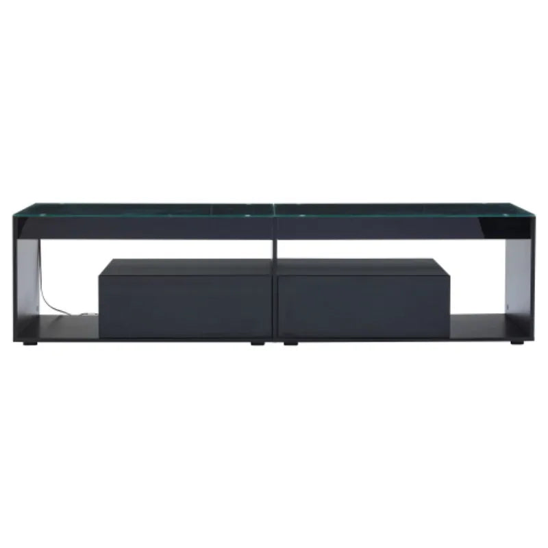 High Gloss TV Stand with 2 Drawers,glass tabletop,TV Cabinet Storage Sideboard with LED lights,open storage,Holds TVs up to 80"