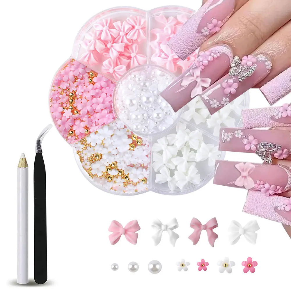 1box 3D Flower Bow Nail Art Decorations Kit Pink/White Acrylic Floral/Peal Beads Nail Charm with Wax Pen/Tweezer 4/6mm Nail Part