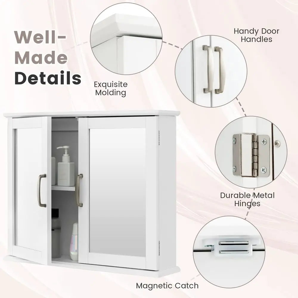 Bathroom Wall Cabinet, Double Door Mirrored Storage Cupboard with Inner Shelf, SpaceSaving Medicine Cabinet Organizer for Kitch
