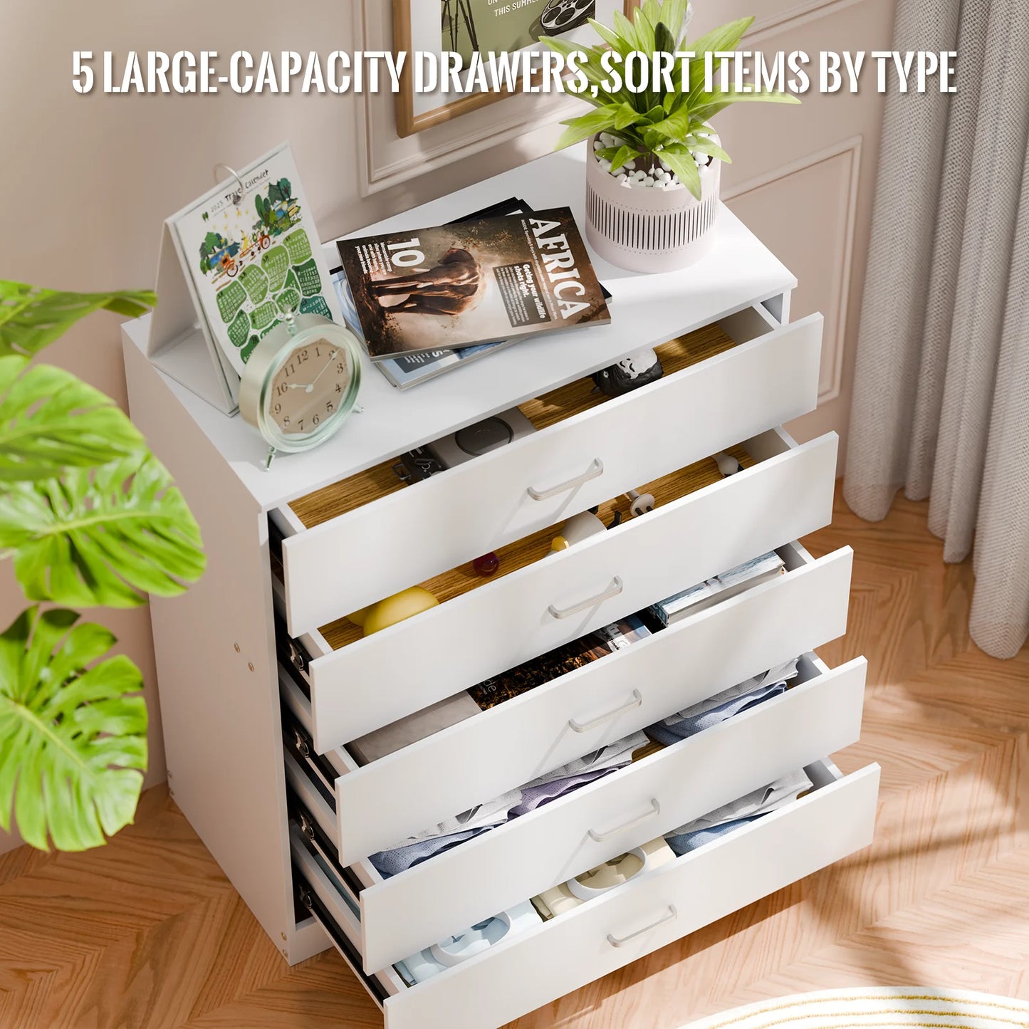 5 Drawer Chest White, Wood Storage Cabinet Dresser for Bedroom, Hallway, Closet Organizer, Modern Furniture (75x36x90cm)