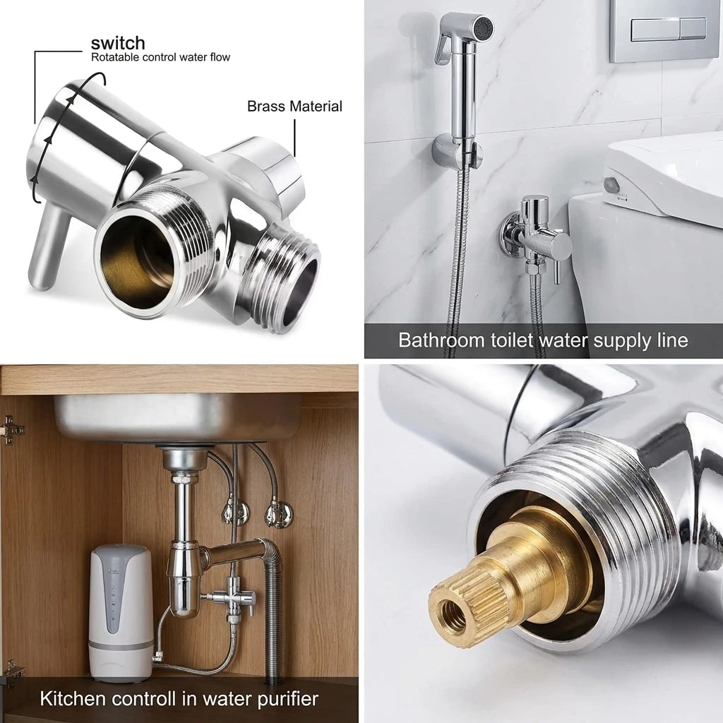 Three-Way T-Type Shower Diverter Valve G1/2 Inch Brass Faucet Connector Bathroom Water Diverters Adapter for Shower