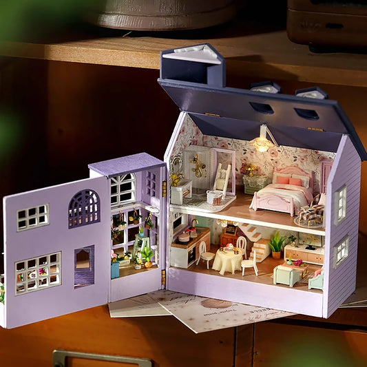 DIY Mini Wooden Doll House Assembly Building Model Pink Princess Villa Architecture Kit 3D Puzzle Dollhouse With Furniture Gifts