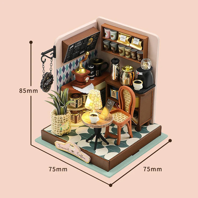 3D Puzzles Wooden Coffee Shop Mini Dollhouse Kit DIY Handmade Assembly Building Dollhouses Toys For Kids Birthday Gifts