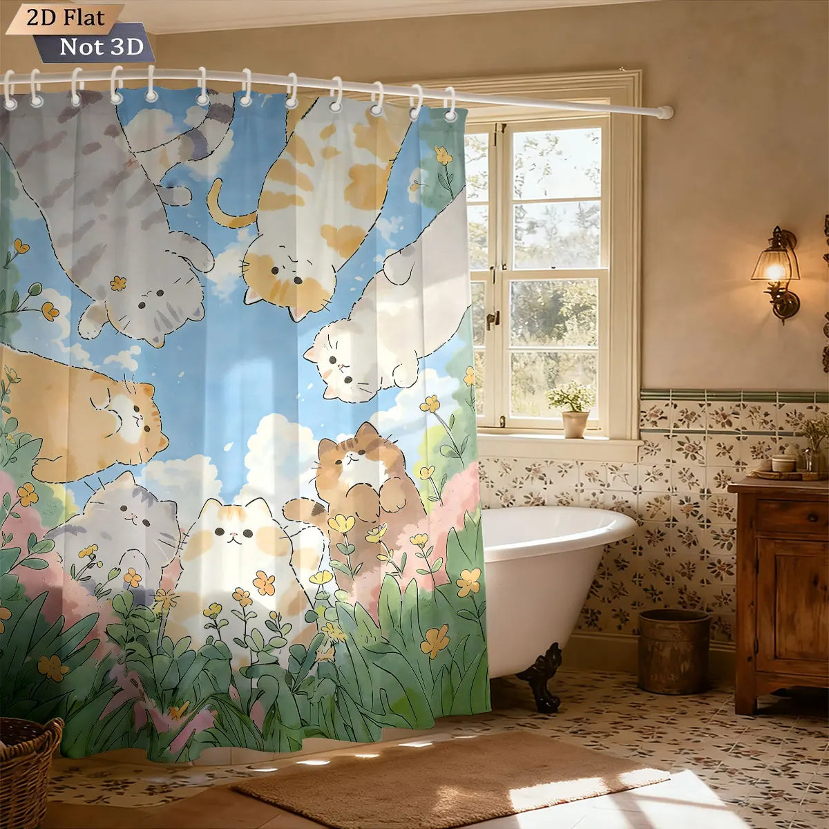 1pc Cute Cartoon Cat Printed Waterproof Shower Curtain Partition Privacy Hanging Curtain with 12 Hooks Multiple Sizes