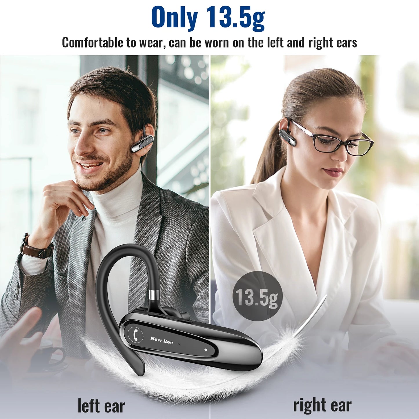 New Bee B45 Bluetooth Headset Wireless Earpiece for Driving Earphone with Dual Mic Earbuds CVC8.0 Noise Reduction Headphones