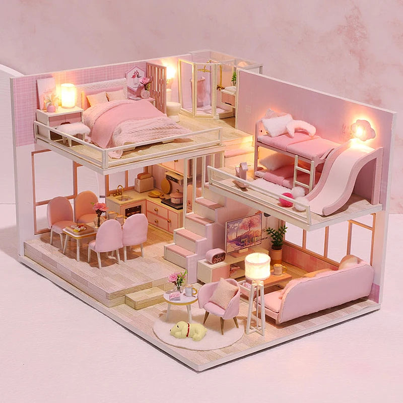DIY Wooden Doll House Handmade Duplex Apartment Production 3D Puzzle Assembly Building Duplex Apartment Model Toy Children Gifts
