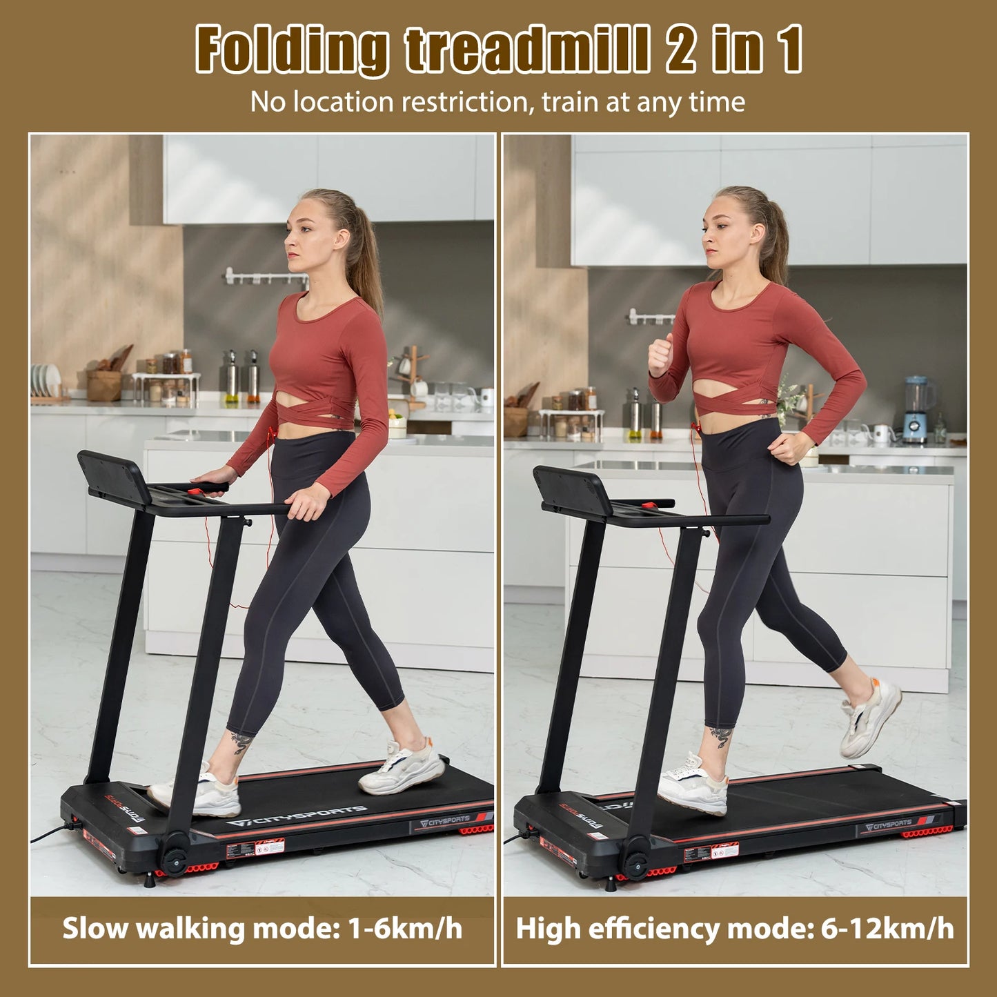 CITYSPORTS PRO Folding Treadmill, Electric Treadmill, 2 in 1 Treadmill for Home Office, 120kg,1-12km/h, APP, Remote Control
