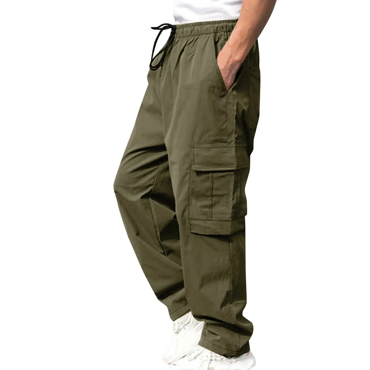 Men Loose Cargo Pants Summer Male High Elastic Waist Zip Pocket Straight Full Trousers BFDZ-A717