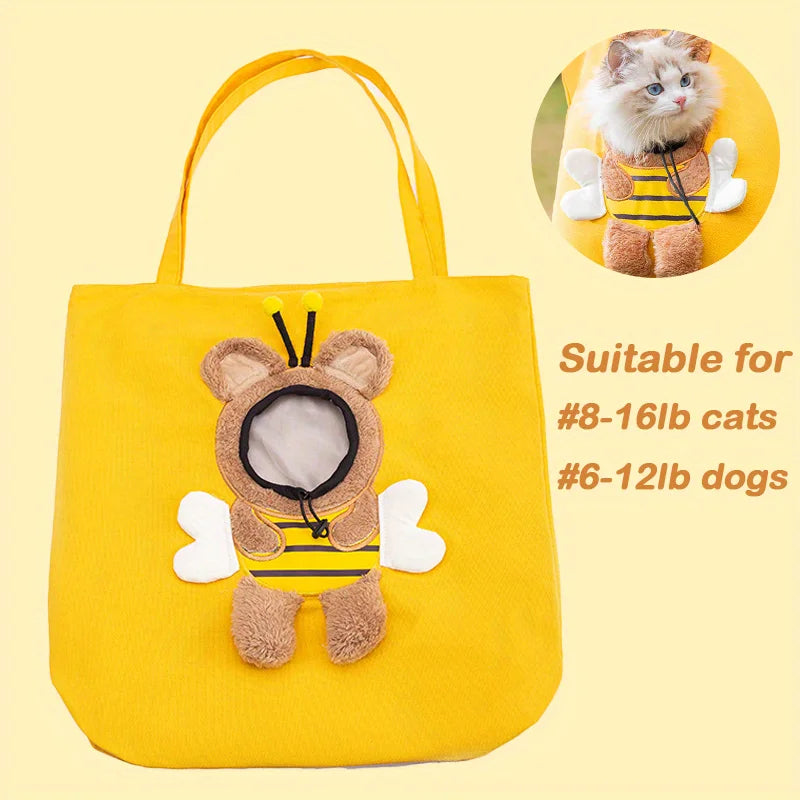 Pet Shoulder Carrying Bag, Cute Bee-Shaped Pet Canvas Shoulder Bag Cat Carrier, Portable Cats Small Pet Canvas Tote Chest Bag