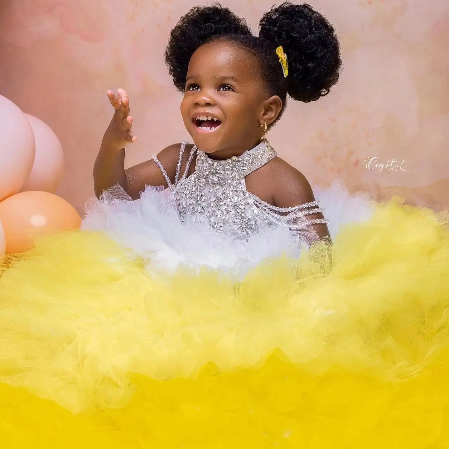 Luxury Girls Birthday Dresses Customized White & Yellow Tiered Tulle Flower Girl Dresses for Wedding Party Baby Girls Prom Gowns