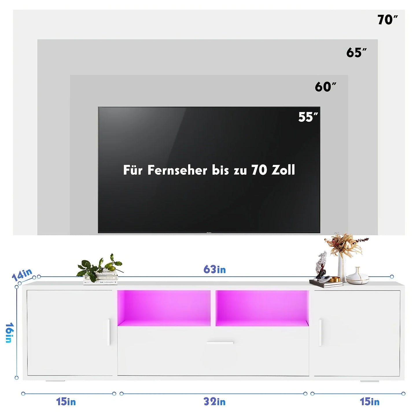 160cm Wide Modern White High-Gloss TV Stand Cabinet with RGB LED (16-Color RGB) & Shelves - Heavy-Duty TV Unit for 65-85