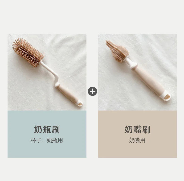 Korean Ins Newborn Bottle Nipple Brush Baby Special Long-handled Cleaning Brush Silicone Cleaning Brush Set