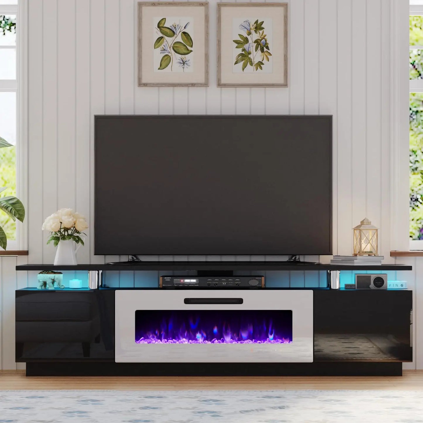 Floating Fireplace Tv Stand Modern High Gloss 72" Entertainment Center Wall Mounted Electric Fireplace Tv Media Console