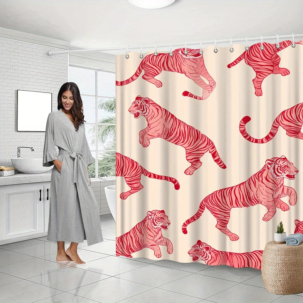 VIKAMA Fashion Pink Tiger Shower Curtain, Bathroom Waterproof and Mold-Resistant Curtain, Room Divider Curtain, Home Decoration