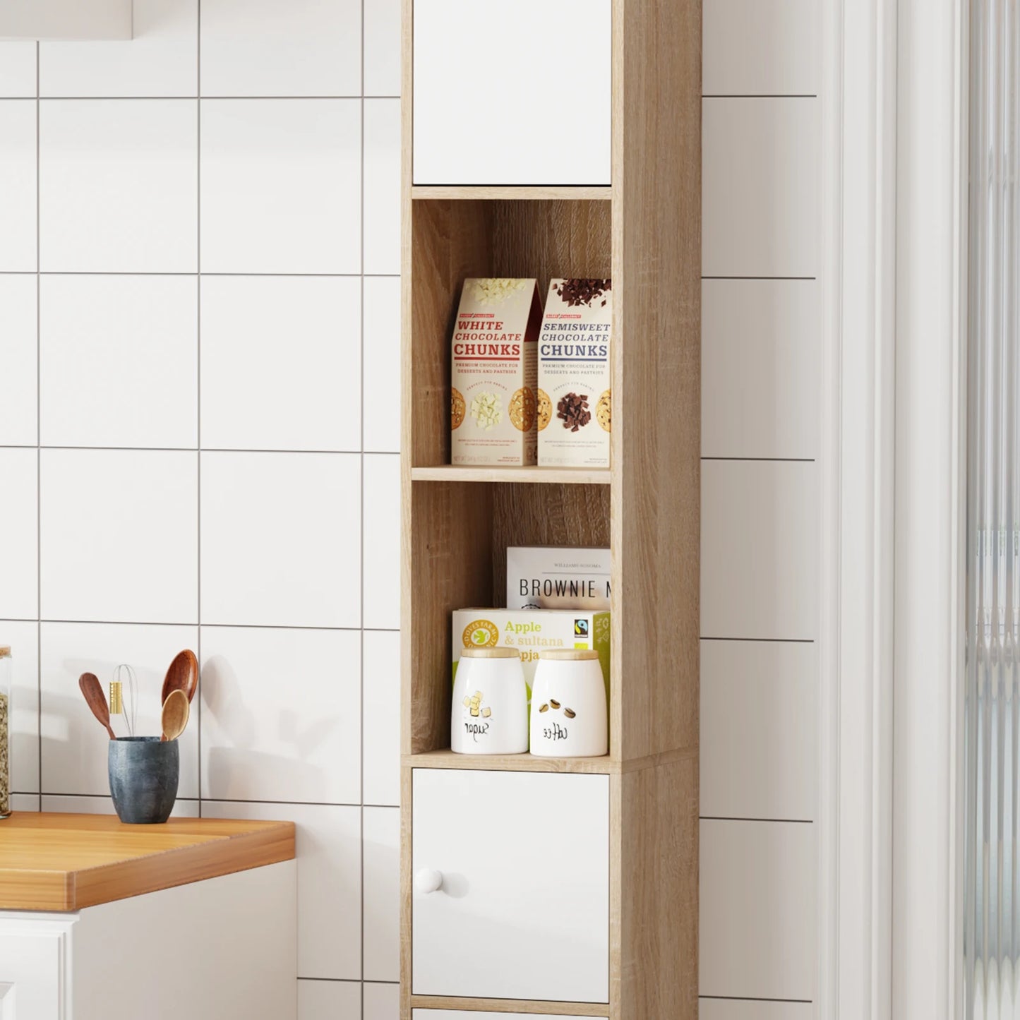 BonChoice Tall&Slim Bathroom Cabinet with 4 Doors&2 Open Shelves, Slim Bathroom Storage Cabinet Unit Narrow Cupboard