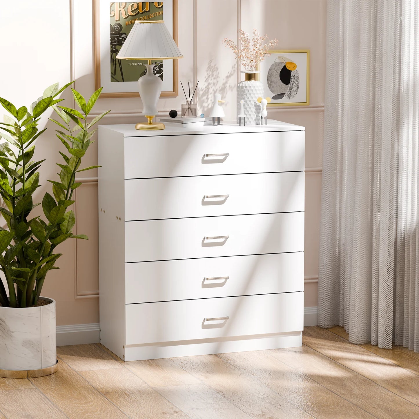 5 Drawer Chest White, Wood Storage Cabinet Dresser for Bedroom, Hallway, Closet Organizer, Modern Furniture (75x36x90cm)