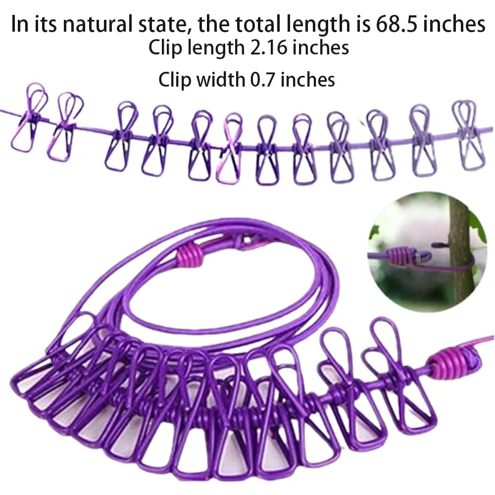 1pc Portable Clothesline With 12 Clips Polychrome Outdoor No Punching Required Travel Camp Retractable Clothes Rope Drying Rack