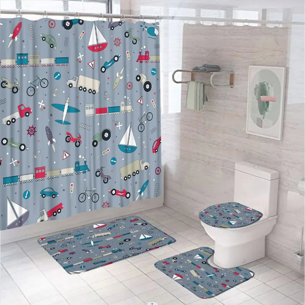 Cartoon Car Bathroom Decor Set Teens Transportation Car Shower Curtain for Kid Boy Girl Truck Bus Taxi Bath Mat Rug Toilet Cover