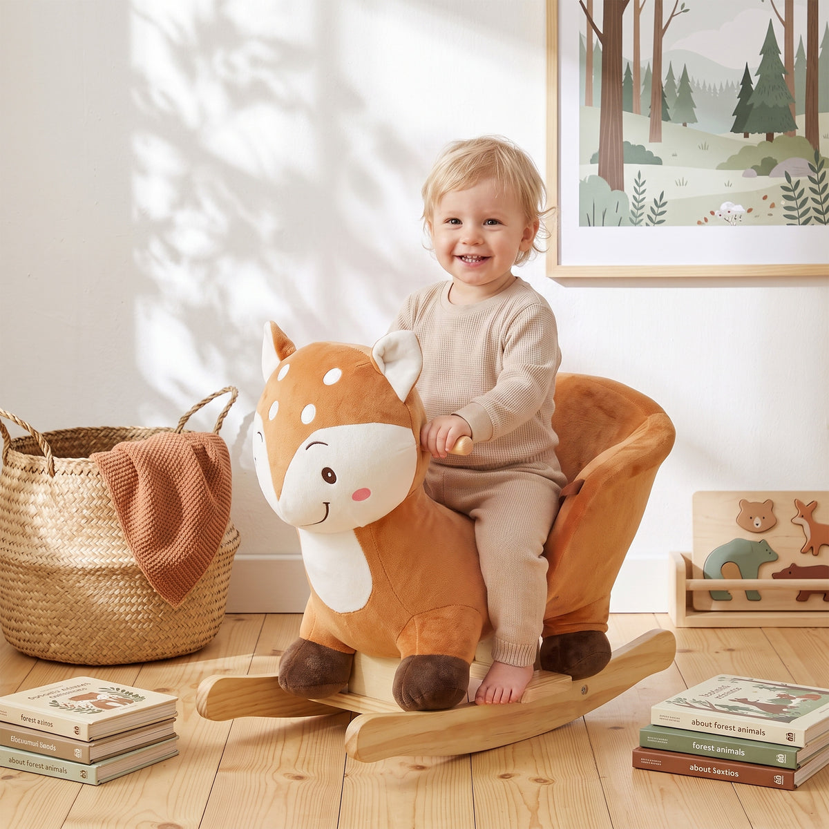 AIYAPLAY Rocking Horse, Ride on Horse Deer Design with Sounds, Security Belt, Rocking Stopper, for Toddlers 1-3 Years, Brown