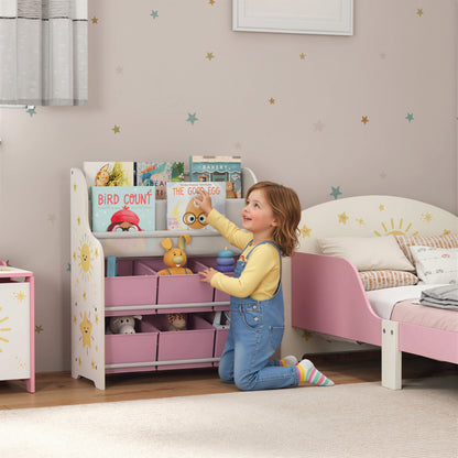 AIYAPLAY Kids Storage Unit, Toy Organiser with 6 Fabric Drawers and 2-Tier Sling Book Rack for Bedroom, Playroom, Nursery, Pink