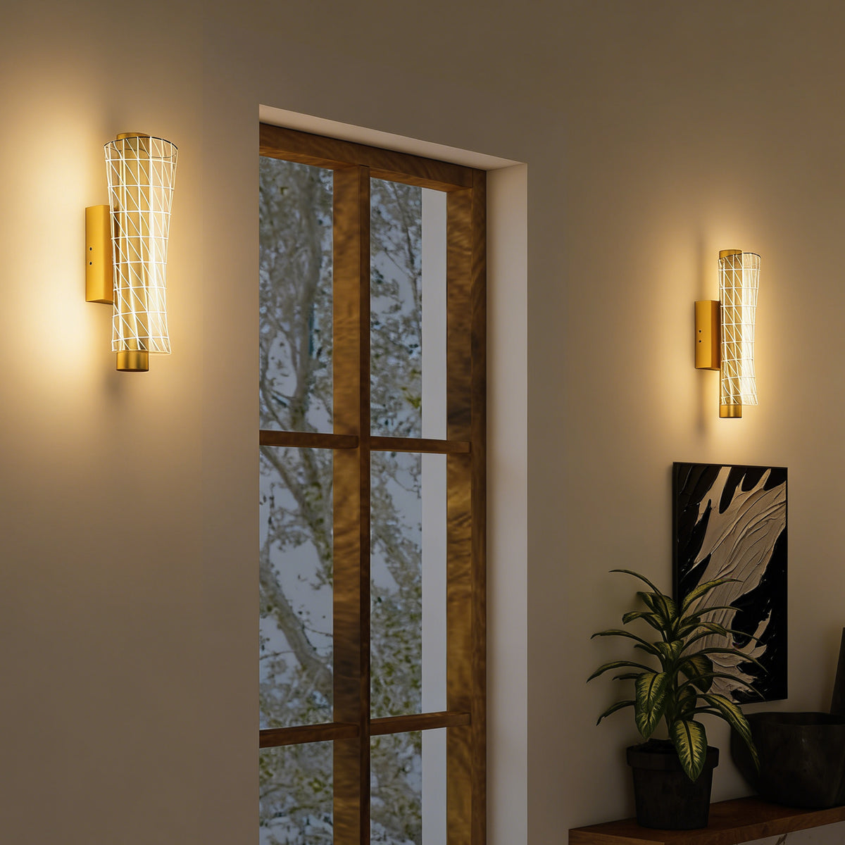 HOMCOM Led Wall Lamp 2 Pack, 9W Modern Indoor Geometric Mesh Wall Light, Colour Temperature Adjustable 3000K/4000K/6500K for Bedroom, Living Room, Hallway, Stairs, Gold Tone