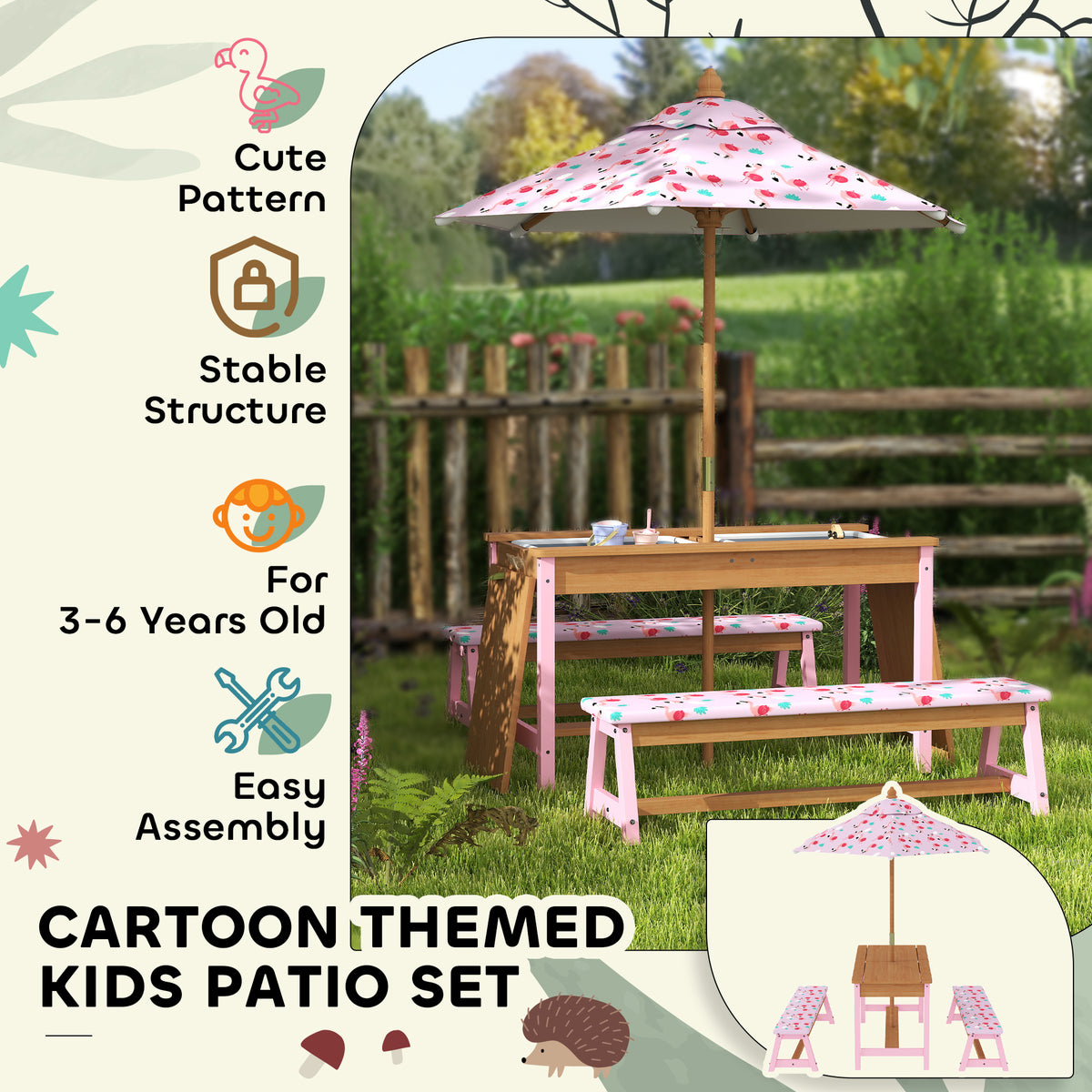 AIYAPLAY Kids Picnic Table Set with Removable & Foldable Umbrella, Storage Boxes, Flamingo Theme, Pink
