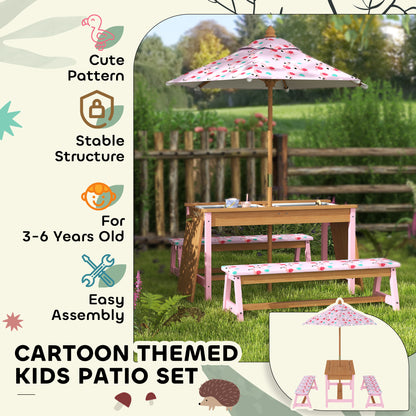 AIYAPLAY Kids Picnic Table Set with Removable & Foldable Umbrella, Storage Boxes, Flamingo Theme, Pink