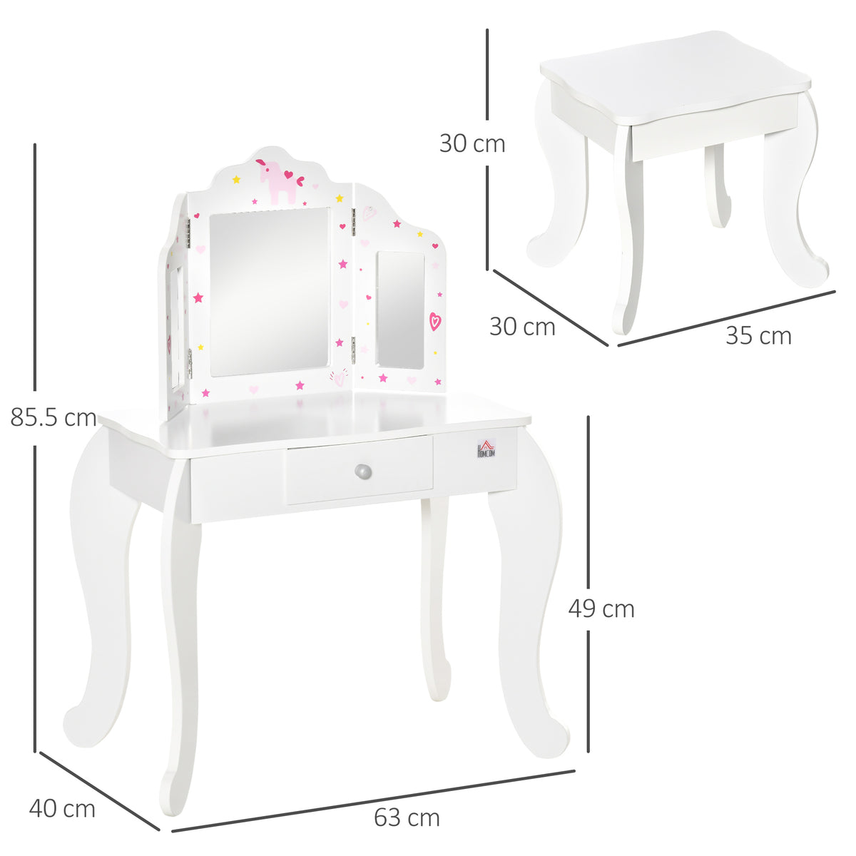 HOMCOM Kids Vanity Table and Chair Set with Tri-Folding Mirror and Stool, Makeup Dressing Table with Drawer, White