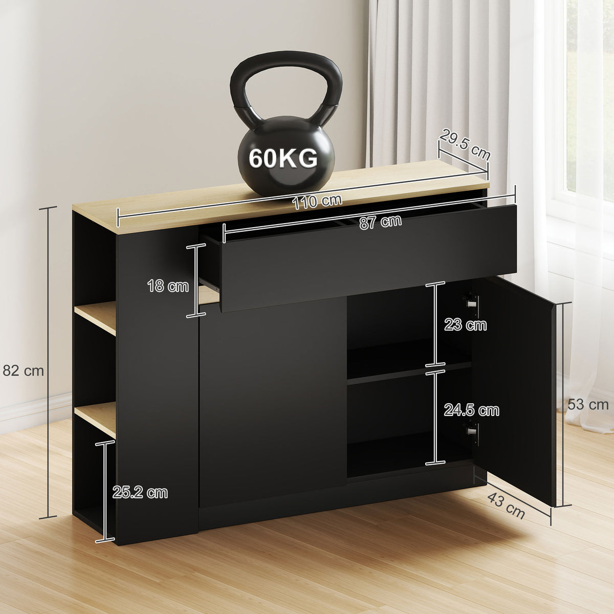 HOMCOM Kitchen Island, Storage Cabinet with Adjustable Shelf, 2 Drawers, 3 Open Shelves, Black