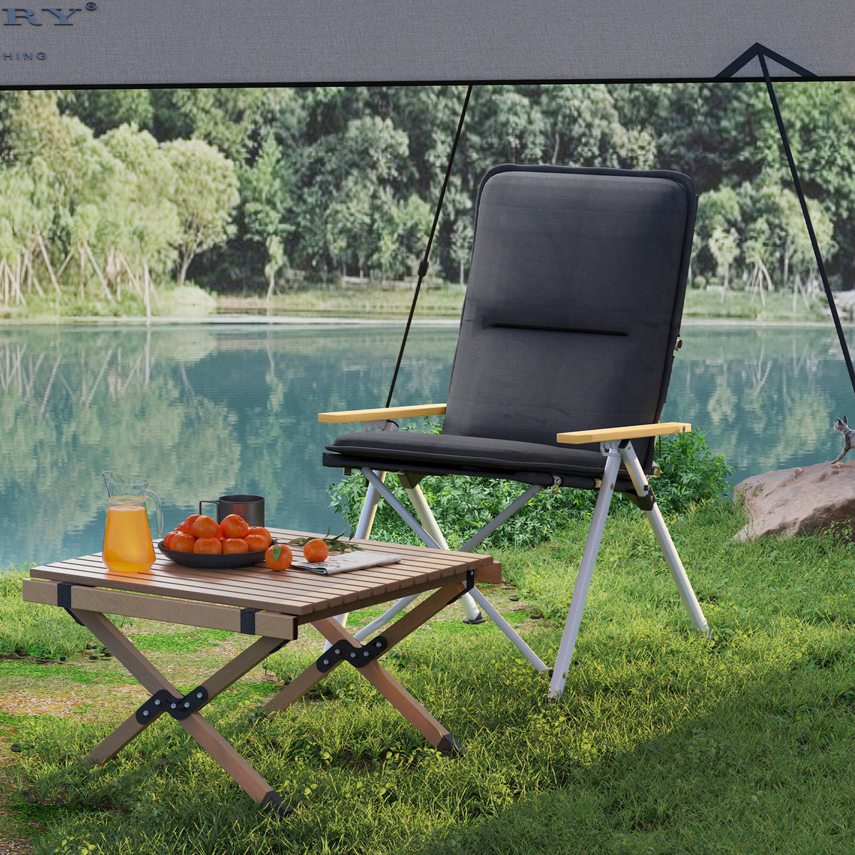 Outsunny Portable Camping Chair for Adults, High Back Folding Chair with Padded Seat and Carry Bag, Outdoor Recliner for Hiking, Fishing, Beach and Picnic, Black