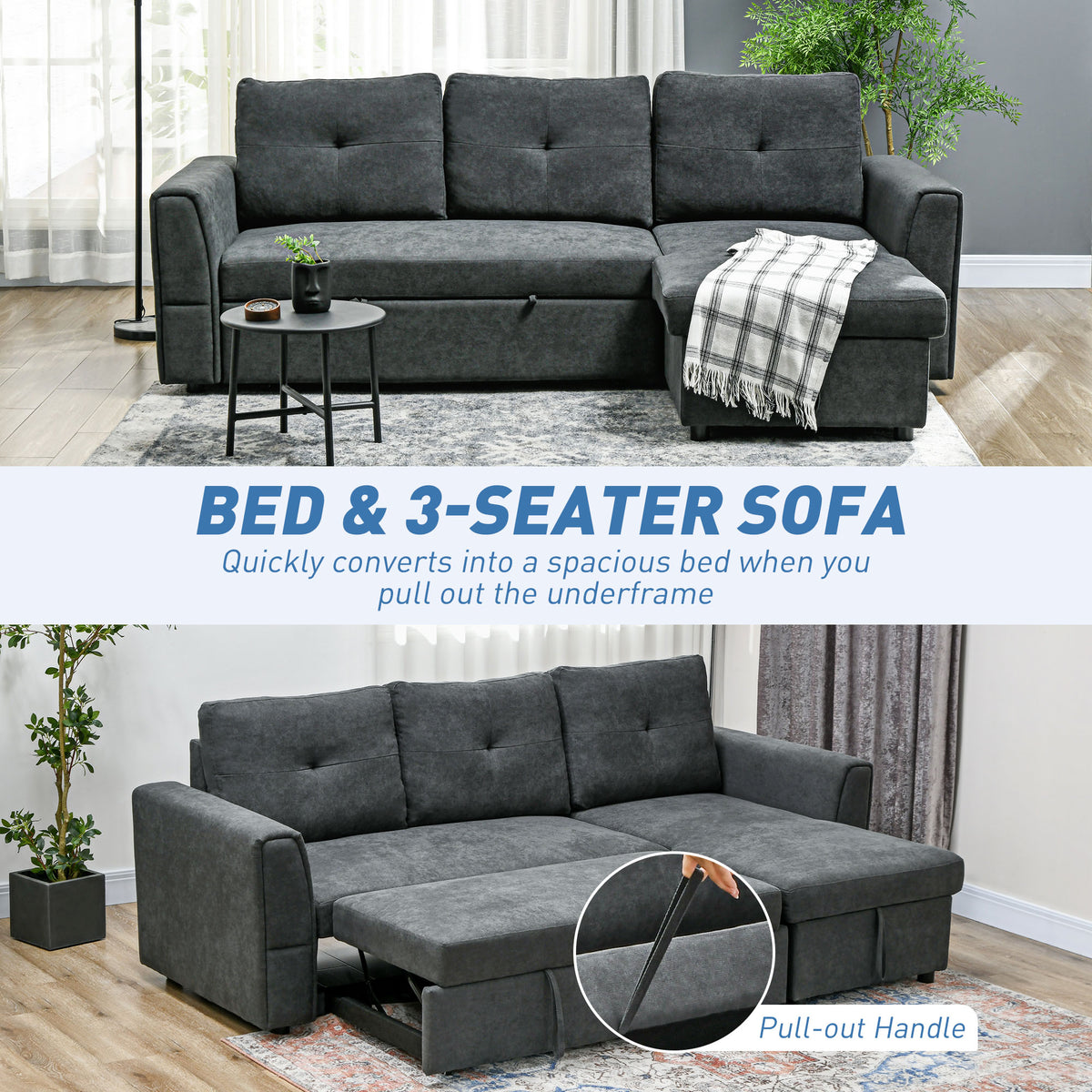 HOMCOM 3 Seater Sofa Bed, Pull Out Sofa Bed with Storage for Living Room, Dark Grey