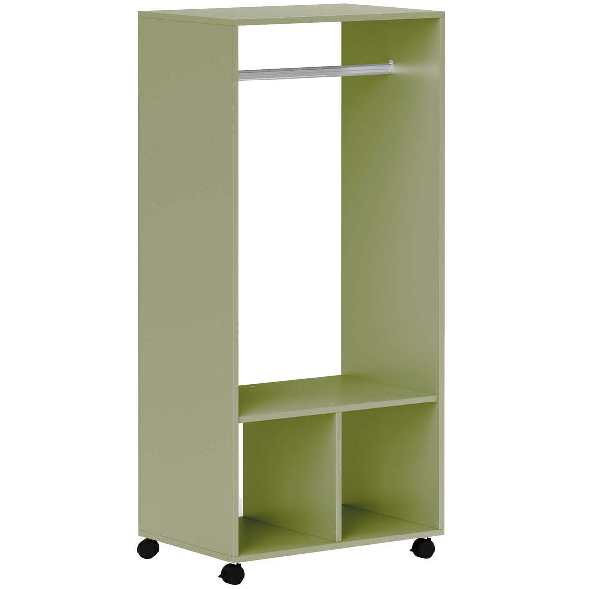 HOMCOM Open Wardrobe on Wheels, Bedroom Wardrobe with Clothes Hanging Rail, 2 Storage Shelves, Mobile Garment Rack for Cloakroom, Hallway, Green