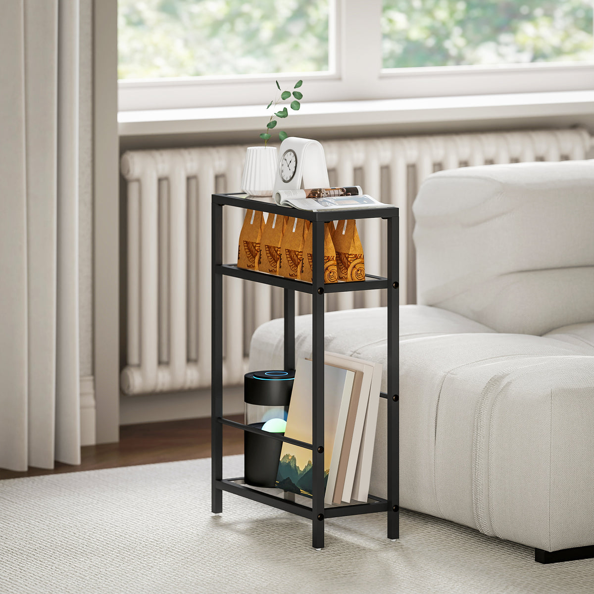 HOMCOM 3-Tier Side Table, Narrow End Table with Storage Shelf and Tempered Glass Tabletop for Small Spaces, Black