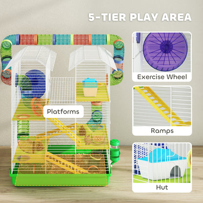 PawHut Hamster Cage, 5 Tier Carrier Habitat with Exercise Wheels Tunnel Tube Water Bottle Dishes House Ladder, Gerbil Cage for Dwarf Mice, Green