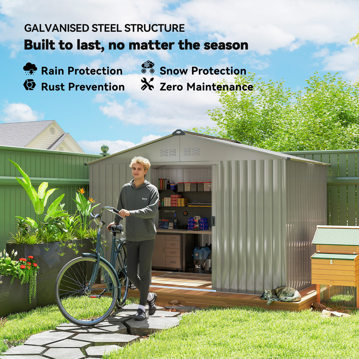 Outsunny Garden Storage Shed, Metal Outdoor Storage Shed House with Foundation Kit, Ventilation, Doors, 9 x 6FT, Grey