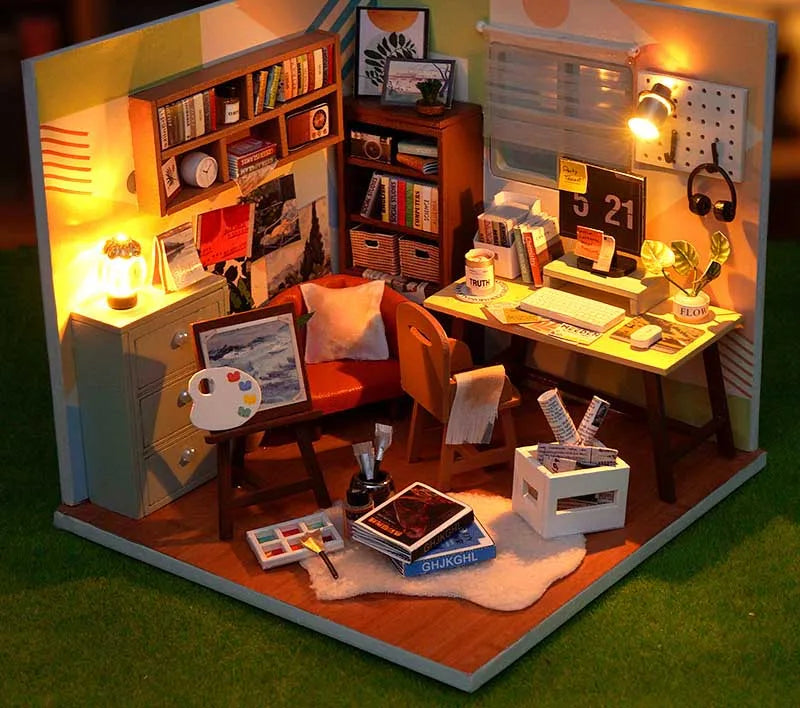 DIY Doll House Wooden Miniature Kit with Furniture Set Handmade Model Assembly Toy Case for Birthday Gifts