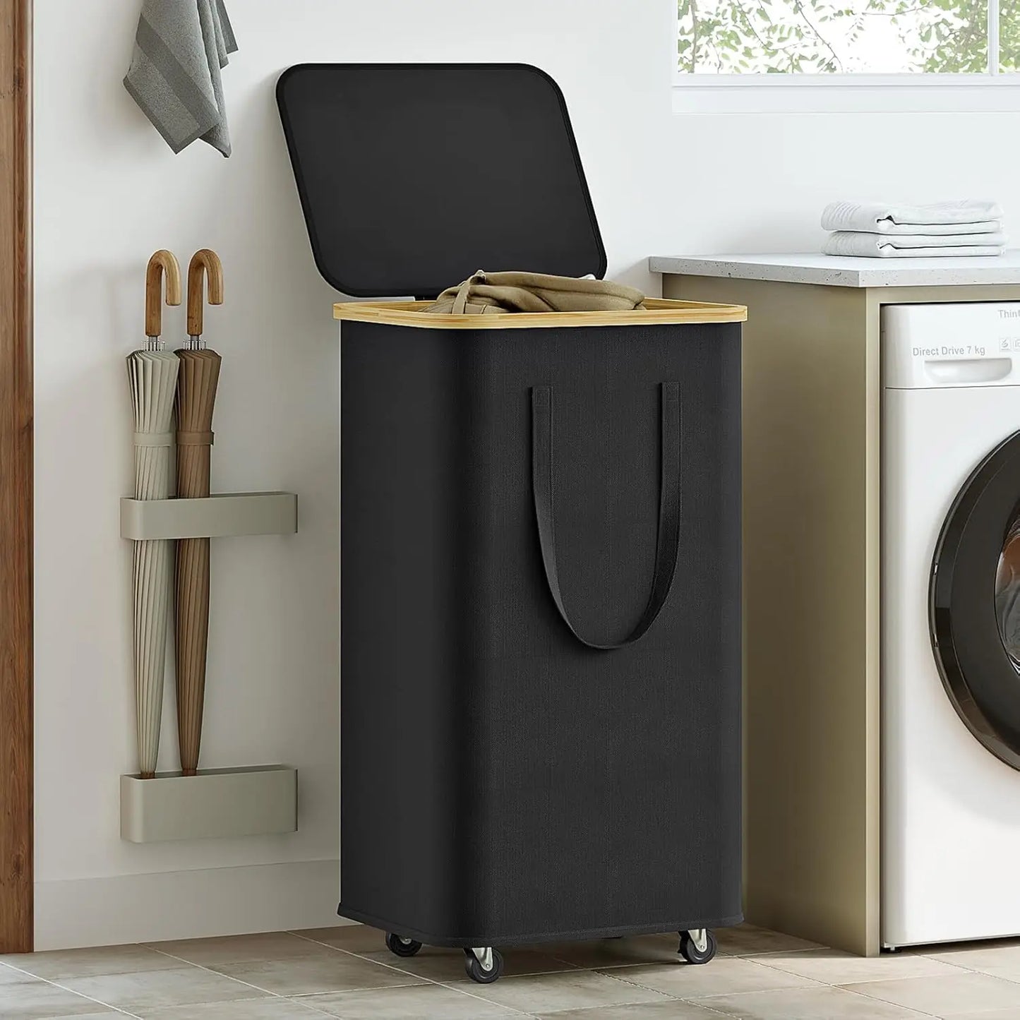 (60L/100L )Large Capacity Foldable Laundry Basket (60L/100L), Rectangular Dirty Clothes Hamper with Wheels, Detachable Liner