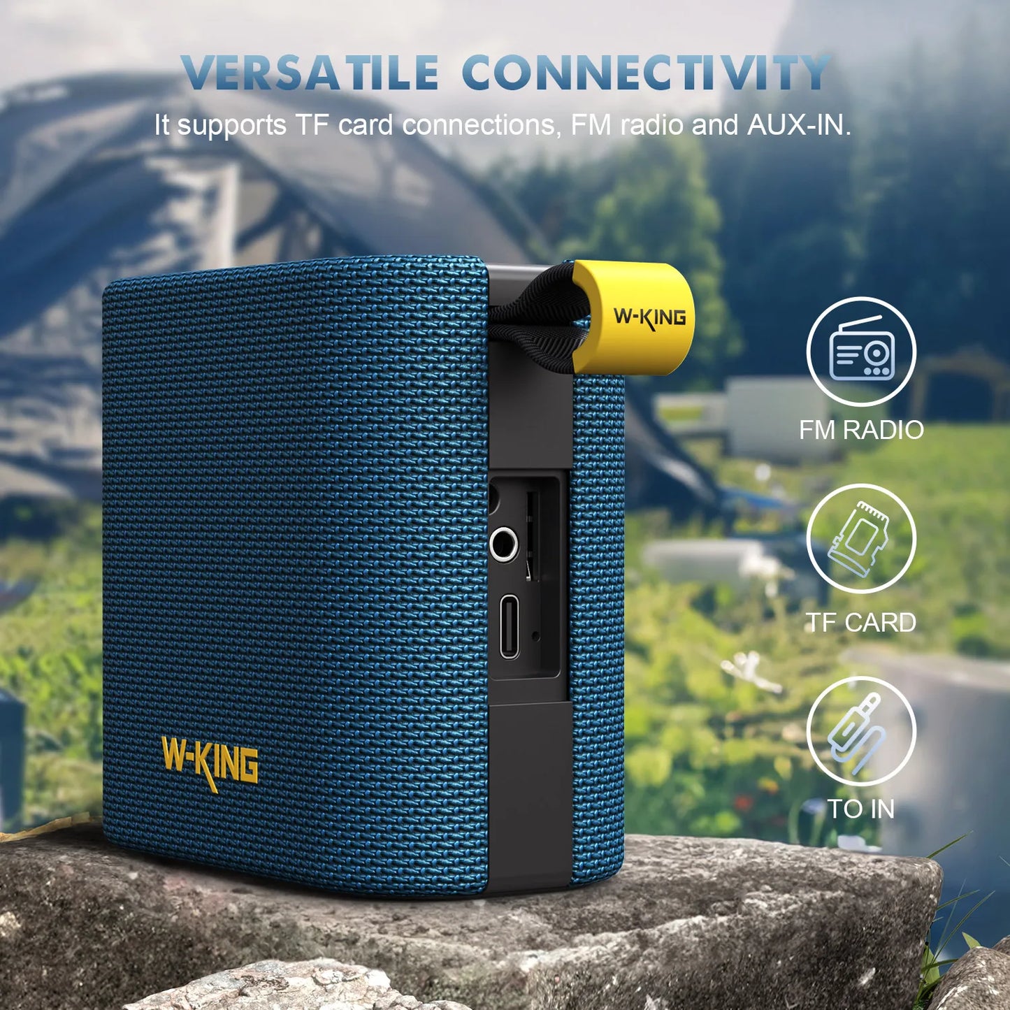 W-KING Blue Mini Bluetooth Speaker, 6W Bass, IPX7 Waterproof, 10H Playtime, TWS, FM, TF/AUX, Shower & Bike Use BT5.3 Speaker