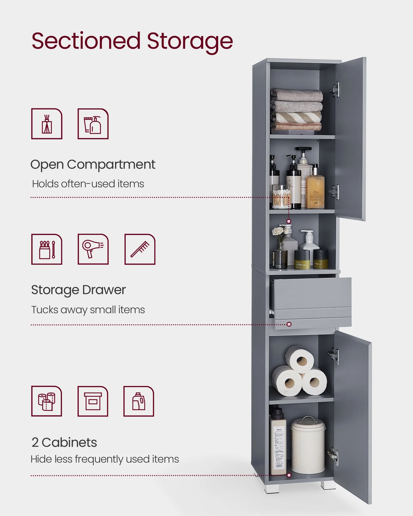 VASAGLE Tall Bathroom Cabinet, Slim Storage Cabinet, Narrow Cupboard, Grey