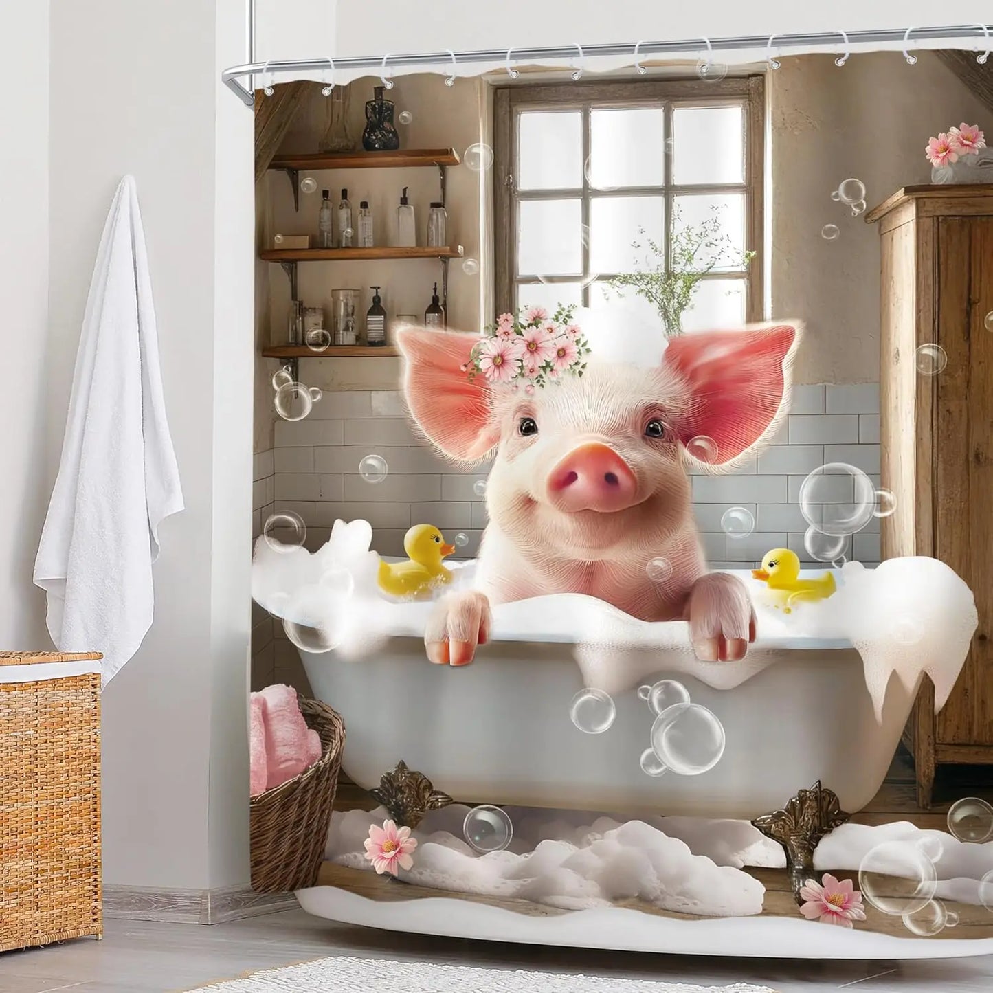 Funny Pig Shower Curtain Farmhouse Rustic Farm Animal in Bathtub Cute Western Country Shower Curtain Bathroom Set Pink Floral