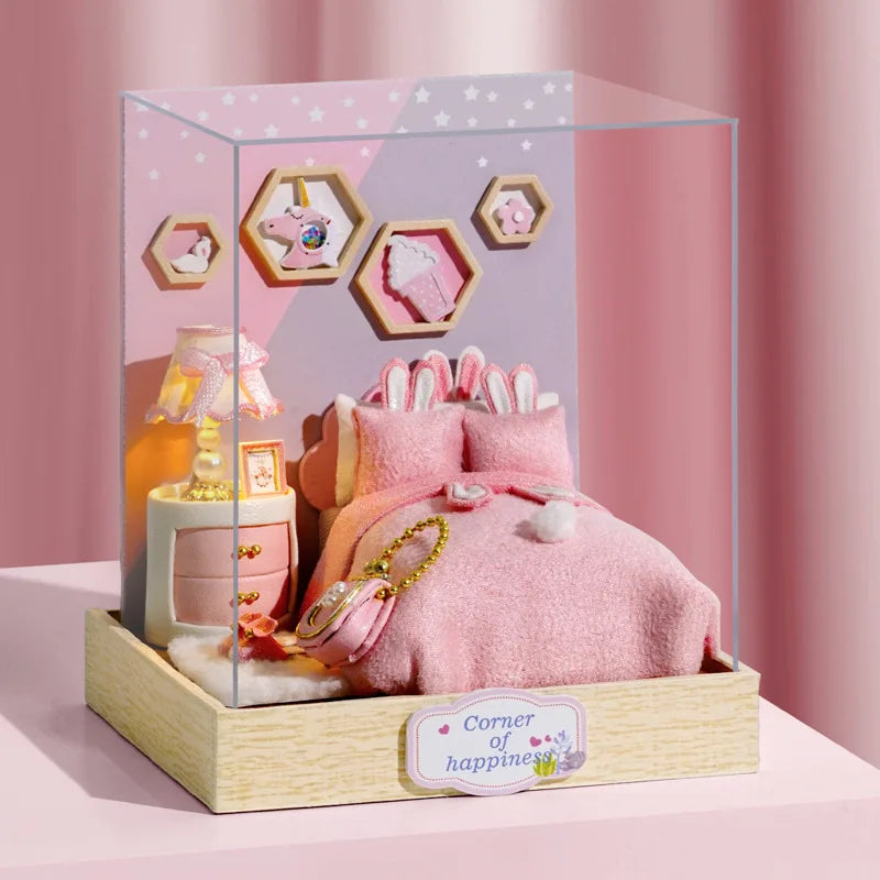 Wooden Miniature Doll House DIY Handmade Assembly Model Building Kit With Dust Cover 3D Puzzle Dollhouse Toys Birthday Gifts