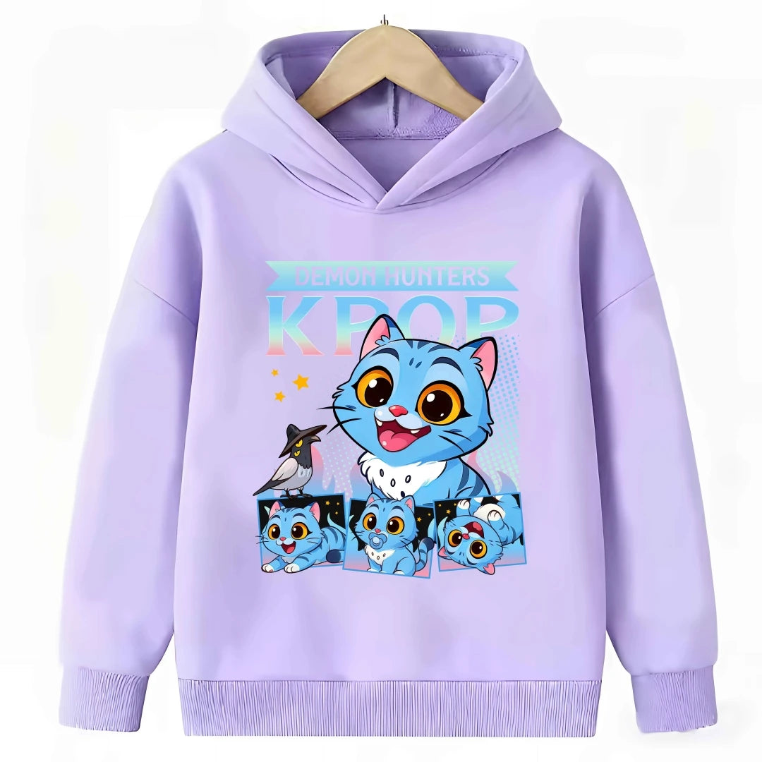 2026 New Kpop Demon Hunter Cartoon Hoodie Kids Boys Girls Purple Warm Casual Loose Sweatshirt Children Fashion Streetwear Tops
