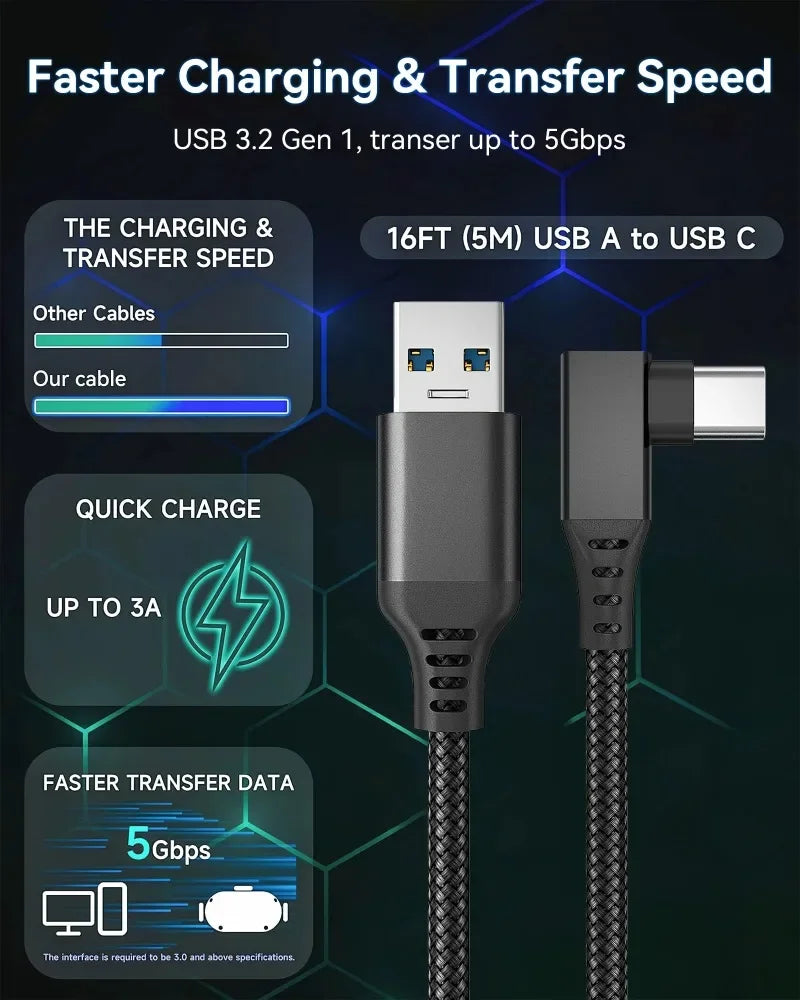 Virtual Reality VR Glasses Cable USB A To Type C 5M for Meta Oculus Quest 2 Quest2 Link Game Accessories Headset Helmet Gaming