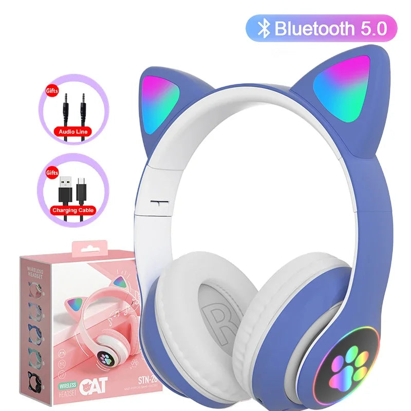 Bluetooth 5.0 Stereo With Mic Flash Lamp Cute Cat Ears Headphone Support TF Card Wireless Kids Girl Earphone Birthday Gift