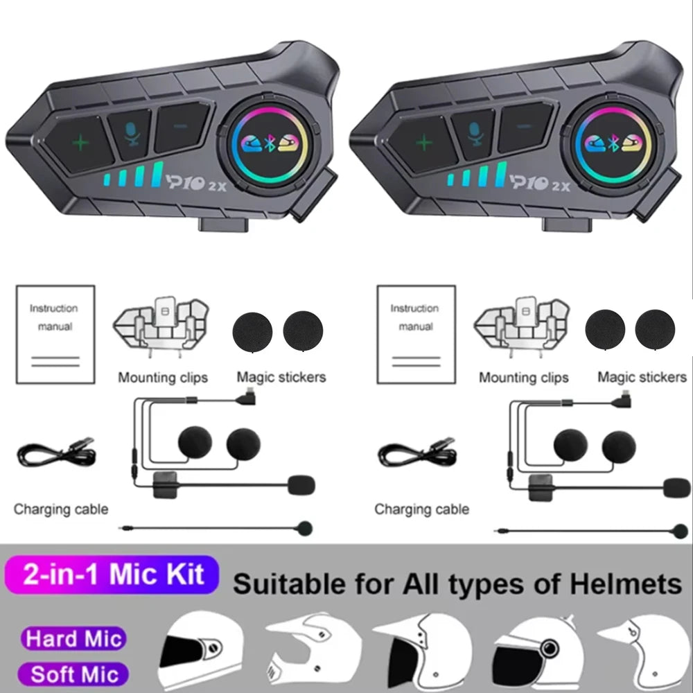 Kebidumei YP10 2X Wireless Bluetooth5.3 Motorcycle Helmet Intercom Headset Waterproof 300 m Intercomunicador Speaker Earphone