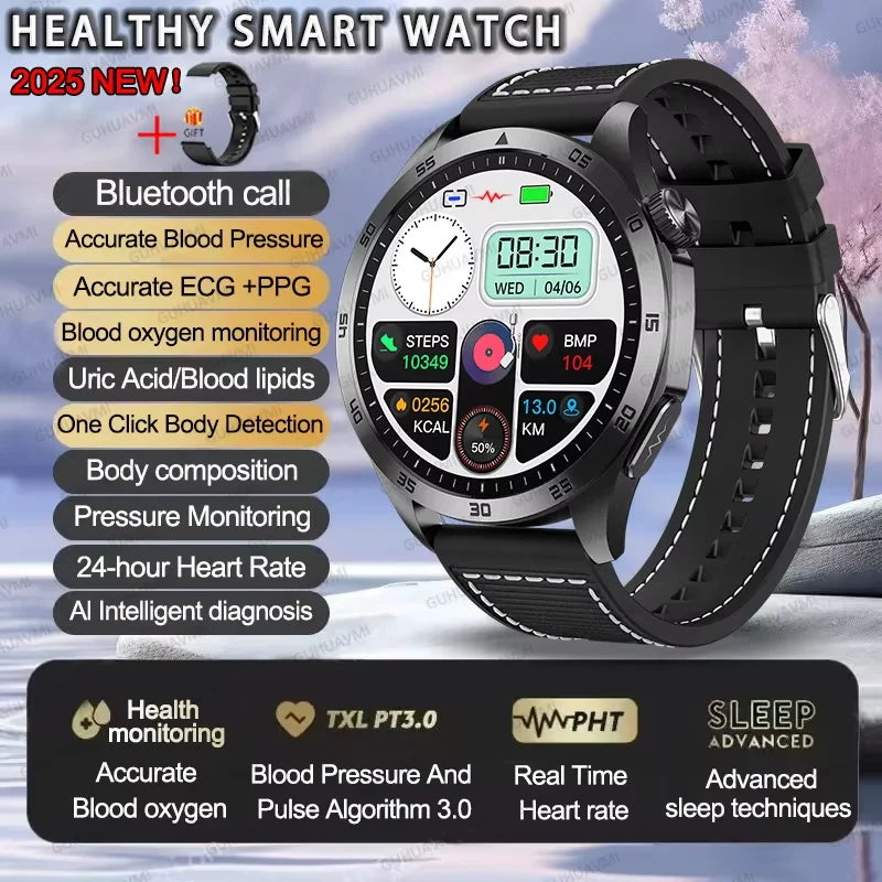 For iOS Android New Health Measurement SmartWatch Men Blood Oxygen Uric Acid ECG+PPG Body Blood Pressure HD Bluetooth Call Watch