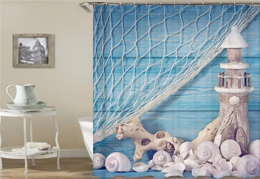 Bath Curtain Sea Beach Shell Starfish Shower Curtains 180*180cm Waterproof Bathroom Home Washable Fabric Bath Screen 12 Hooks