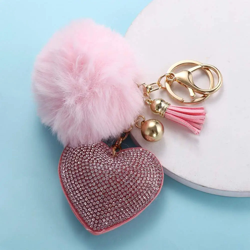 Fashion for Women's Bags Girls Ornaments Packaging Decoration Pompom Keychains Rhinestone Heart Bag Pendant Rhinestone Keyrings
